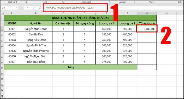 Nhập công thức: =IF(C3=1, PRODUCT(D3,E3), PRODUCT(D3,F3))