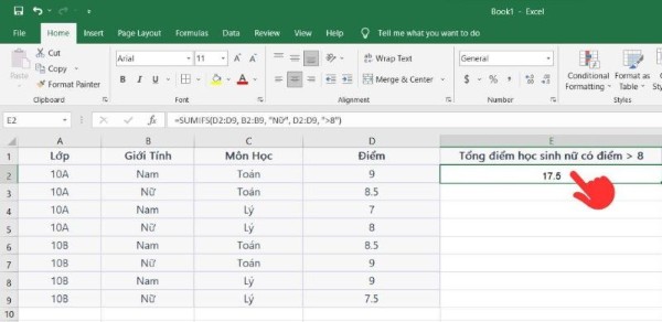 Kết quả sau khi tính tổng điểm học sinh nữ có điểm cao hơn 8