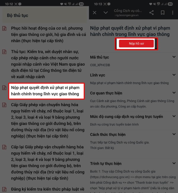 Chọn Nộp hồ sơ