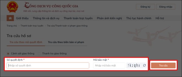 Điền số quyết định hoặc mã biên bản vi phạm