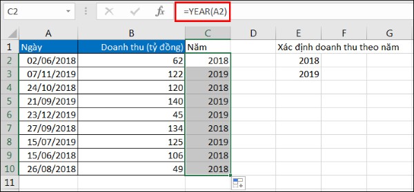 Dùng hàm: =YEAR(C2) nếu chỉ muốn tách riêng năm