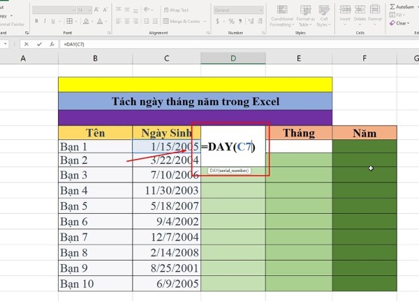 Nhập công thức: =DAY(C7)