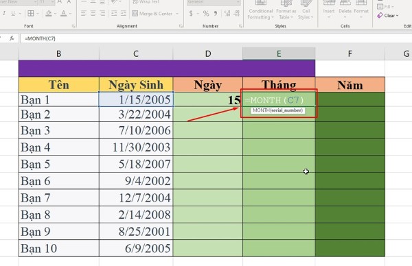 Nhập =MONTH(C7) để trích xuất tháng