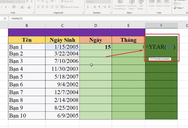 Nhập =YEAR(C7) để trích xuất năm