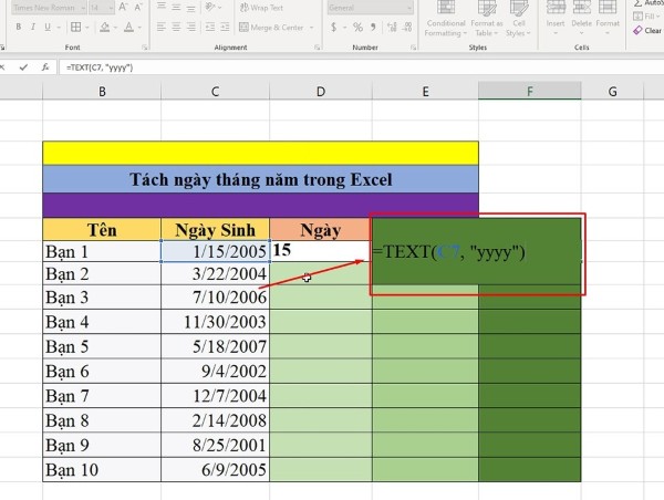 Nhập công thức: =TEXT(C7, "yyyy")