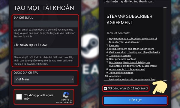 Tiến hành nhập email, quốc gia và xác thực mã CAPTCHA