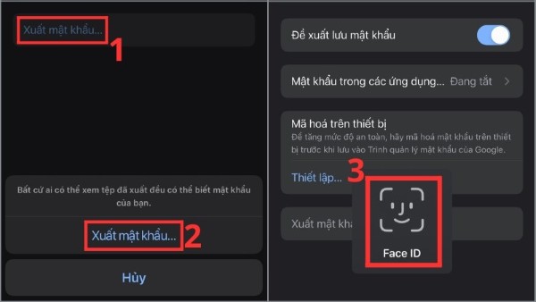 Chọn Xuất mật khẩu và xác nhận bằng FaceID