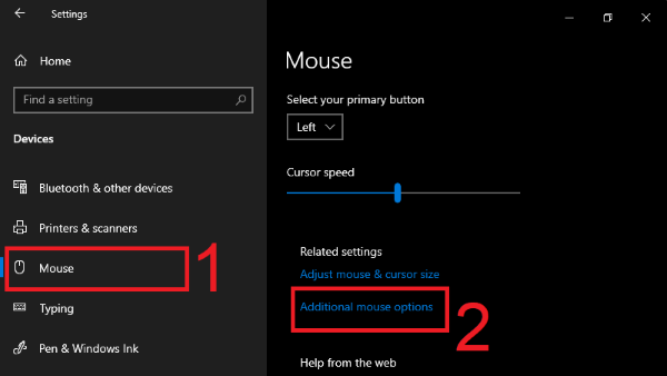 Chọn Additional mouse options 