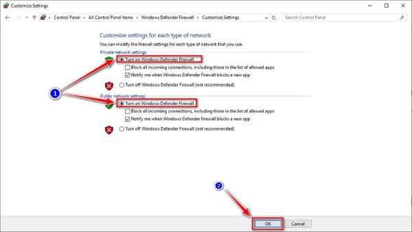 Chọn vào Turn on Windows Defender Firewall