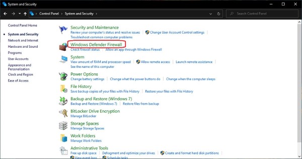 Chọn Windows Defender Firewall