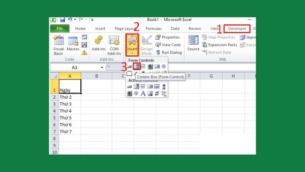 Mở Developer → Insert → chọn ComboBox