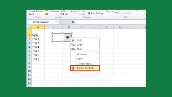 Mở ComboBox → chọn Format Control