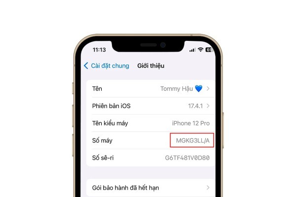 Xem thông tin số máy trong mục Giới thiệu (About)