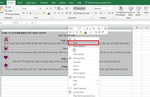 Sao chép nội dung từ Excel