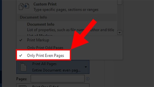 Chọn Only Print Even Pages 