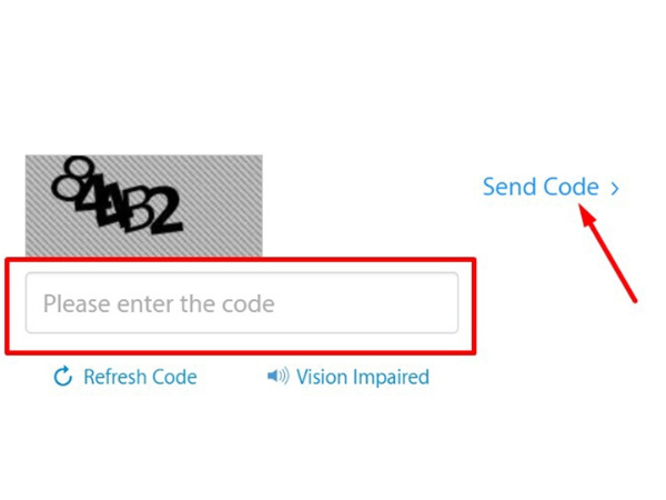 Nhập mã xác nhận và nhấn “send code”