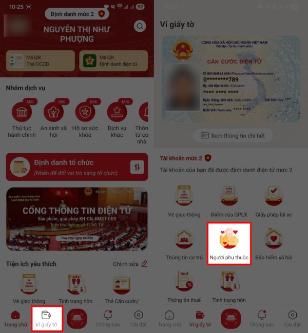 Chọn mục “Người phụ thuộc”