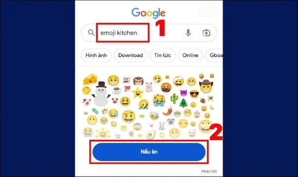 Gõ cụm từ “emoji kitchen” → chọn mục “Nấu ăn” 