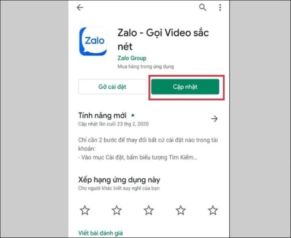 Nhấn Cập nhật ứng dụng Zalo