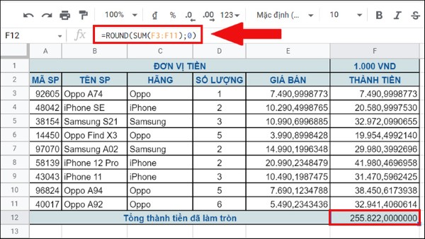 Ví dụ ứng dụng hàm ROUND và SUM