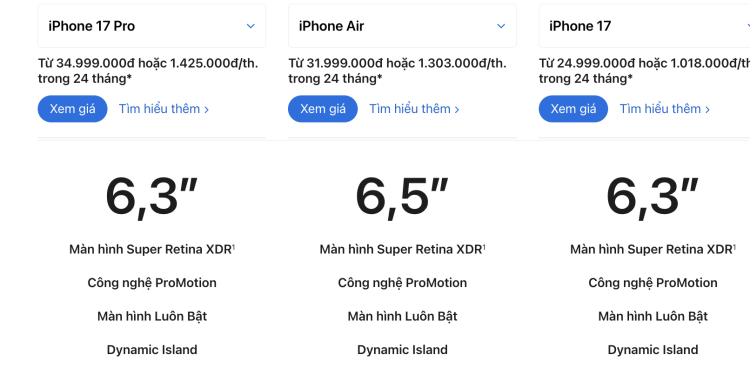 Cấu hình của các dòng iphone